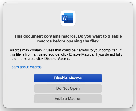 Figure 7. Text prompt showing that this document file contains macros