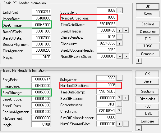 Figure 5. Original (above) and patched (below) installer. Sizes for certain parameters are increased and one more section is added in the patched version