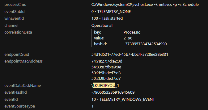 Figure 10. VisionOne Windows event log lelemetry for LKUFORYOU