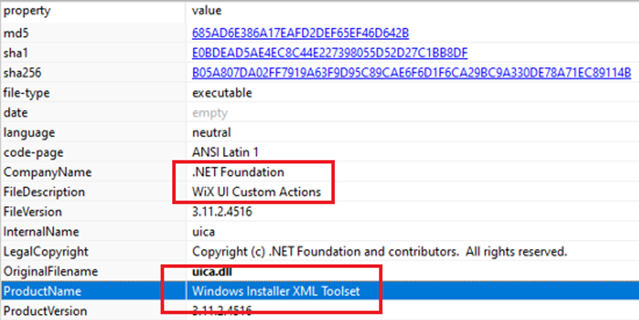 An example of an MSI file created using the WiX toolset viewed using the PE Studio tool