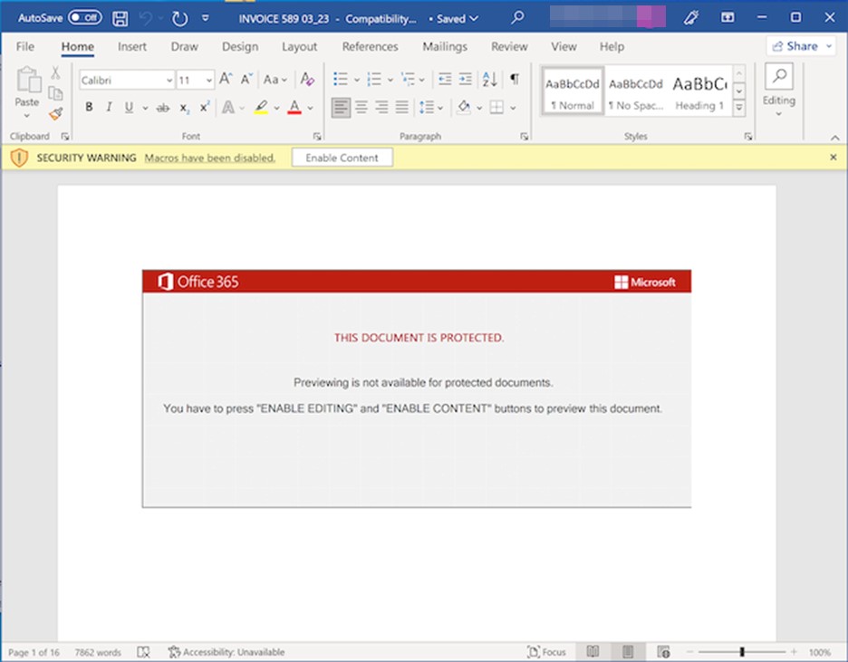    Figure 2. Malicious document prompting the user to enable macros   