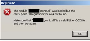 Figure 5. Error displayed upon executing the sample using "regsvr32.exe"