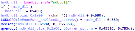 Figure 8. The legitimate library (mdb.dll) is loaded into memory, after which the first stage shellcode (0x7B5 bytes) is copied into the library’s memory space
