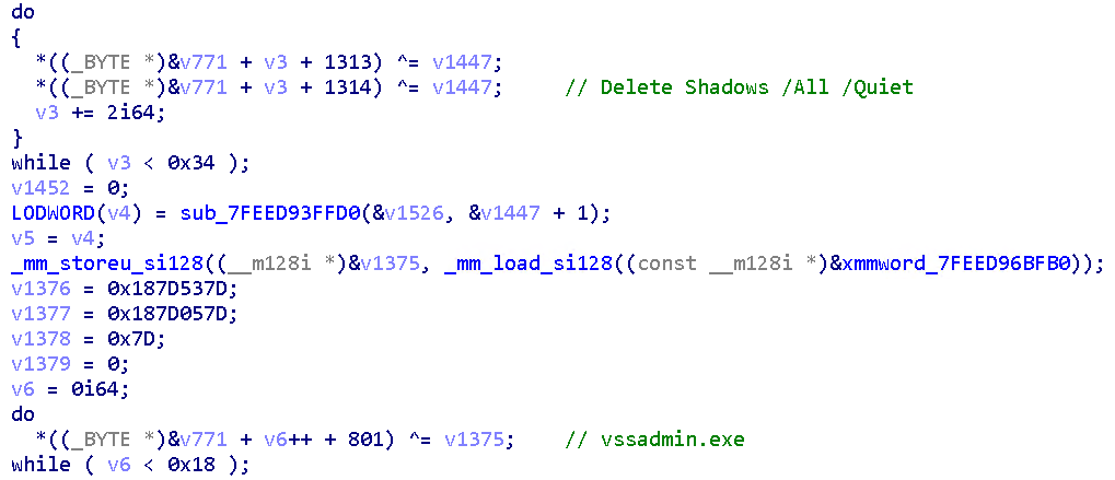 Figure 9. The ransomware binary decrypts and executes the command line to delete shadow copies.