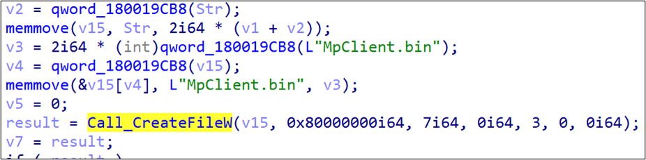 Figure 4. Disguised as “MPClient.dll,” the loaded new Croxloader variant reads the encrypted payload, “MpClient.bin,” and decrypts the content.