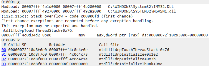 Figure 12. Image shows WinDbg catching a stack overflow exception in a running process