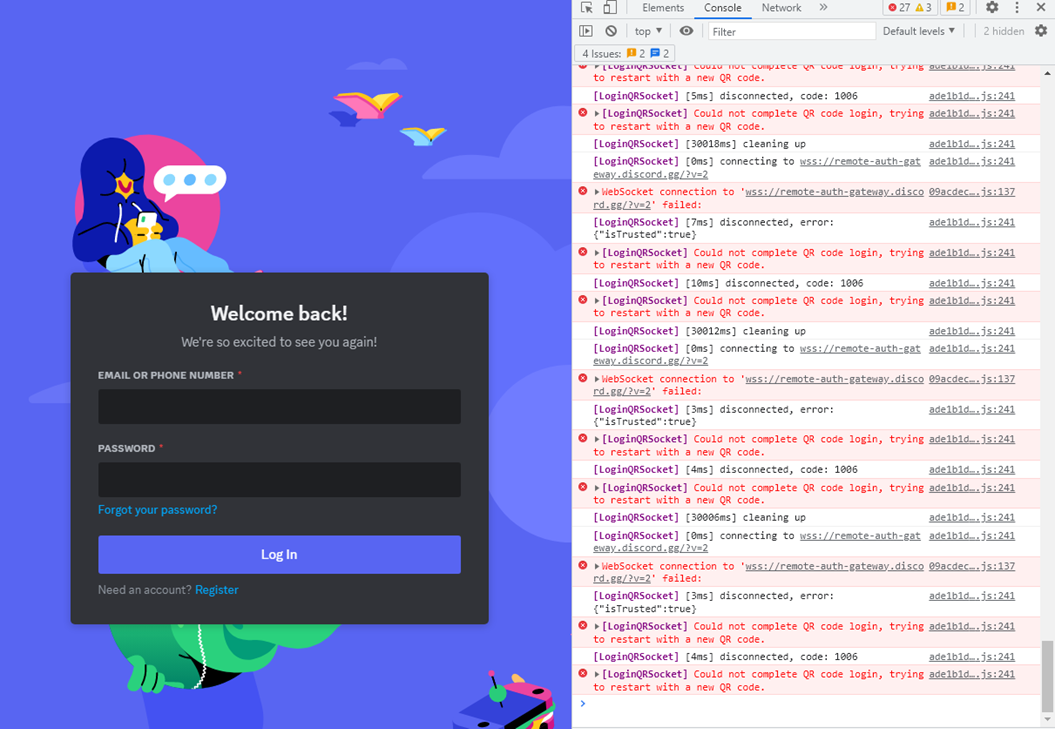 Figure 11. Failed WebSocket connections in console logs of Discord