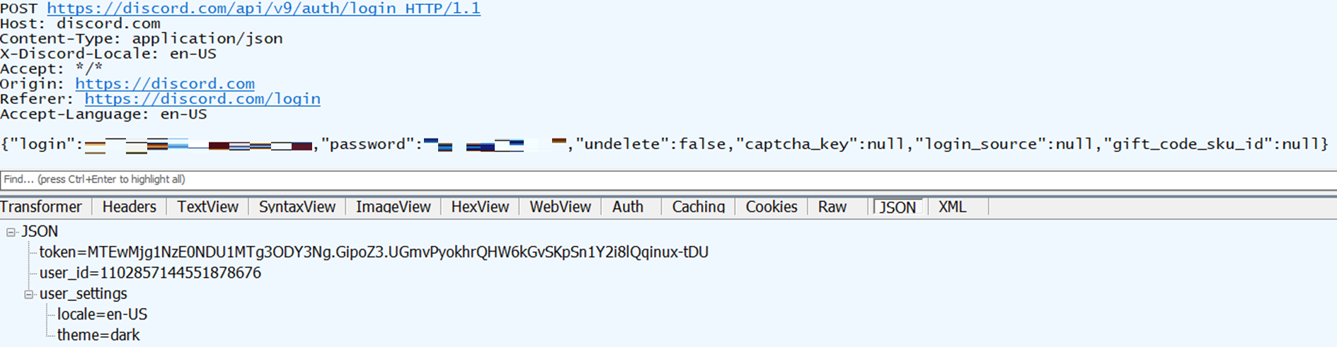 Figure 16. Network traffic when a user logs in using their email address and password in Discord