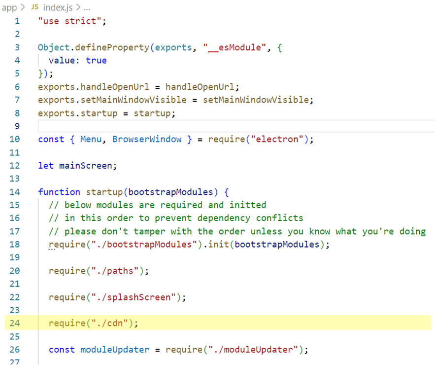 Figure 3. Modified ‘index.js’ in the package ‘discord_desktop_core’ used by the Discord application