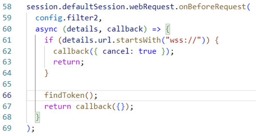 Figure 8. Incomplete ‘findToken’ function declared in a web request event