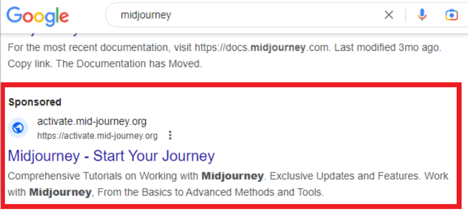 Figure 1. Malicious ads that appear on the search results page when using the keyword “midjourney”