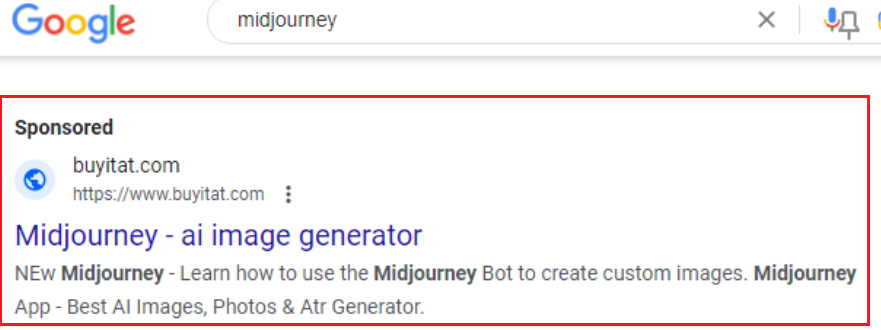 Figure 1. Malicious ads that appear on the search results page when using the keyword “midjourney”