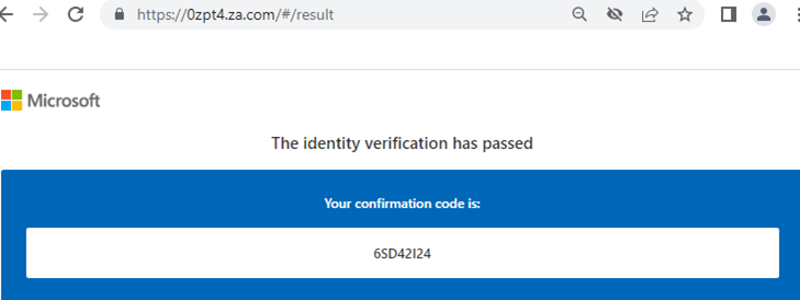 Confirmation code displayed after credentials were successfully phished