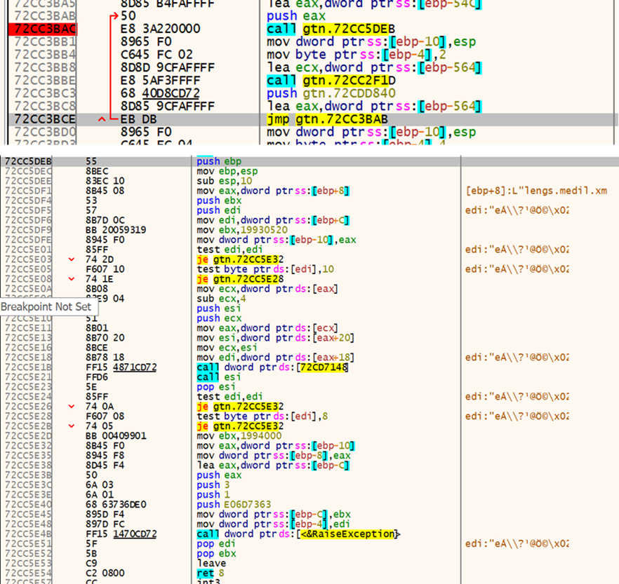 A loop of intentional exception triggers to obfuscate control flow of program.