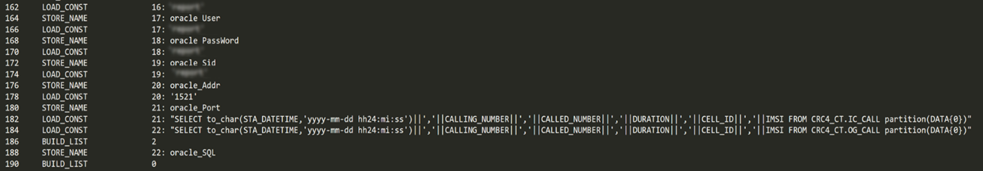 Oracle connection config and SQL command for information dump