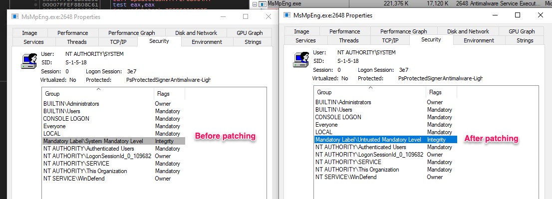 Figure 30. Microsoft defender token integrity modification before and after executing Enigma Driver