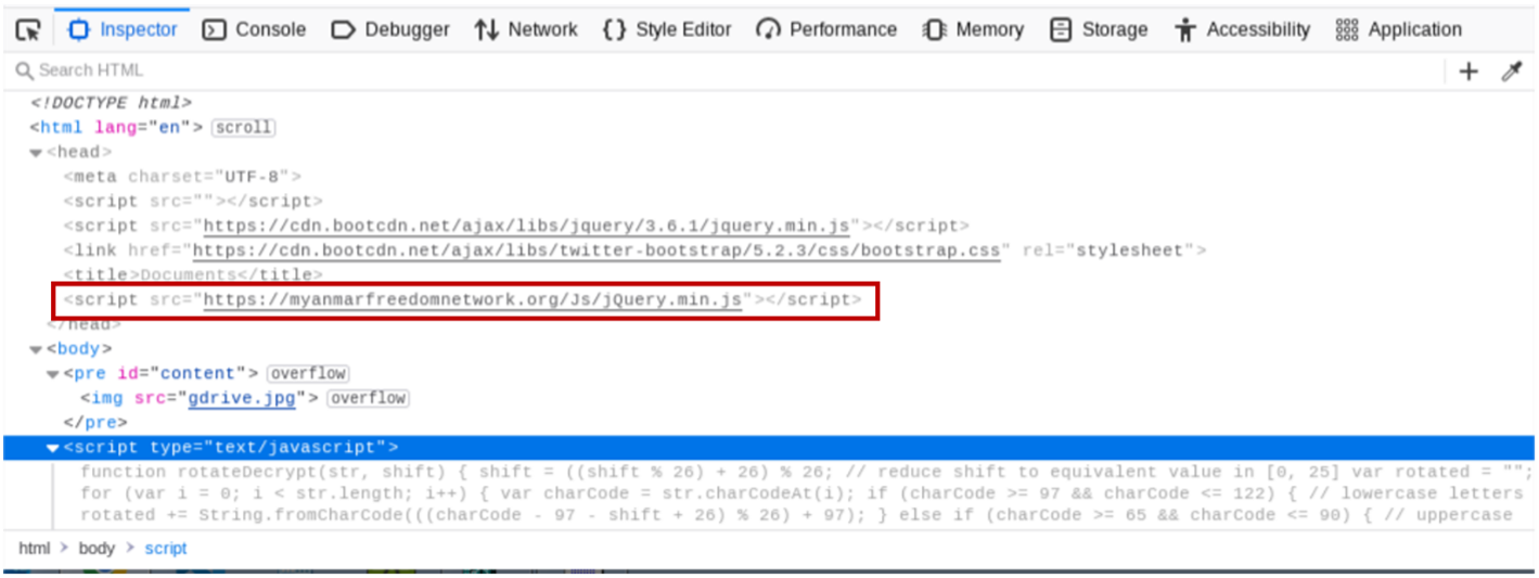 The malicious script embedded in the download site