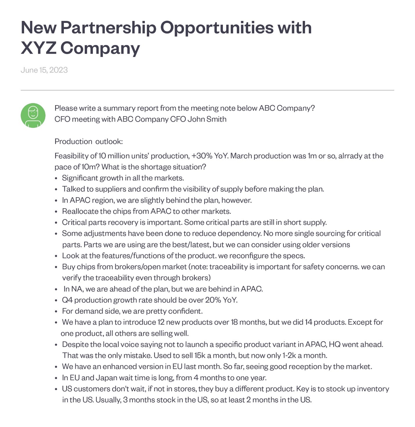 Figure 4. A request asking for a summary report for an important meeting with a potential partner