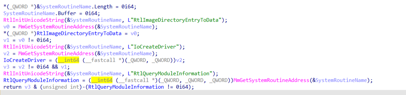 Figure 22. Resolving the functions address used to load the new received driver