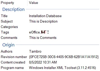 MSI installer file properties