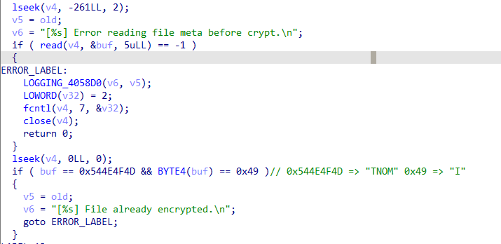 Figure 7. Code snippet to check for the presence of the “MONTI” string via the last 261 bytes of the file to be encrypted