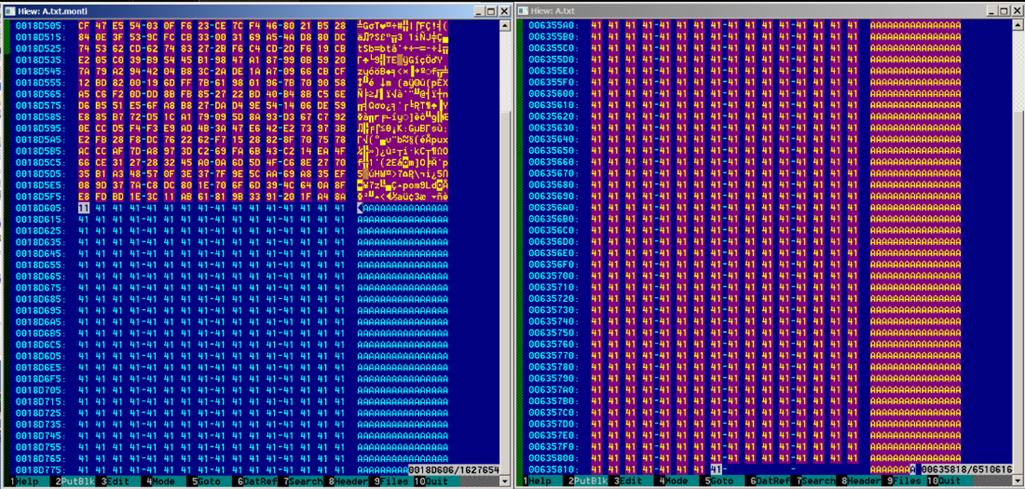 Figure 13. Encrypted file (left) vs original file (right). Using 0x635818(total size), Shift Right 2 is equivalent to 0x18D606 (bytes to be encrypted)