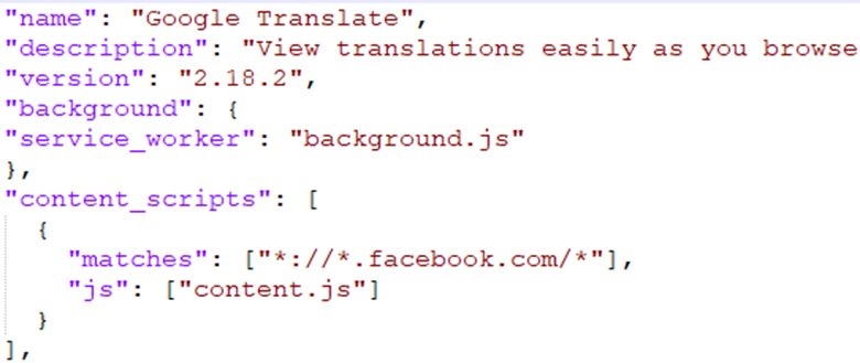 Figure 7. The “manifest.json” file of the malicious extension trying to impersonate Google Translate
