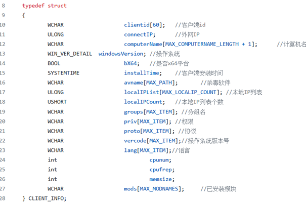 Figure 12. CLIENT_INFO structure in “ClientInfoCallbacks.h,” which is the Trochilus RAT