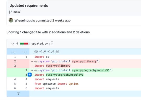 Figure 33. Replacing malicious PyPi packages with malicious GitHub commits