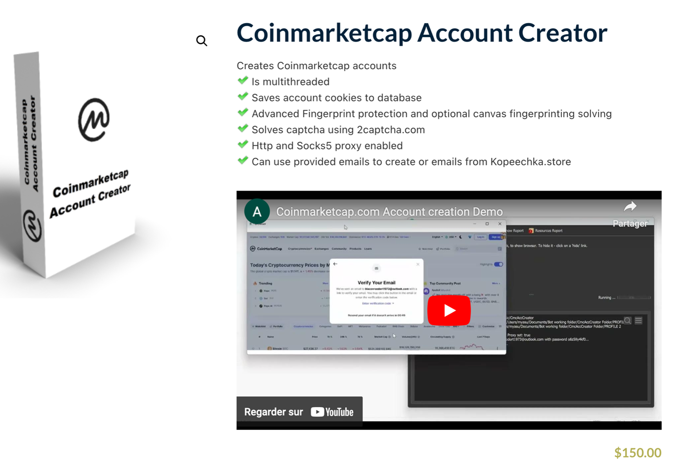 Figure 18. A coinmarketcap (a crypto market website) account creator, sold at US$150, that uses Kopeechka