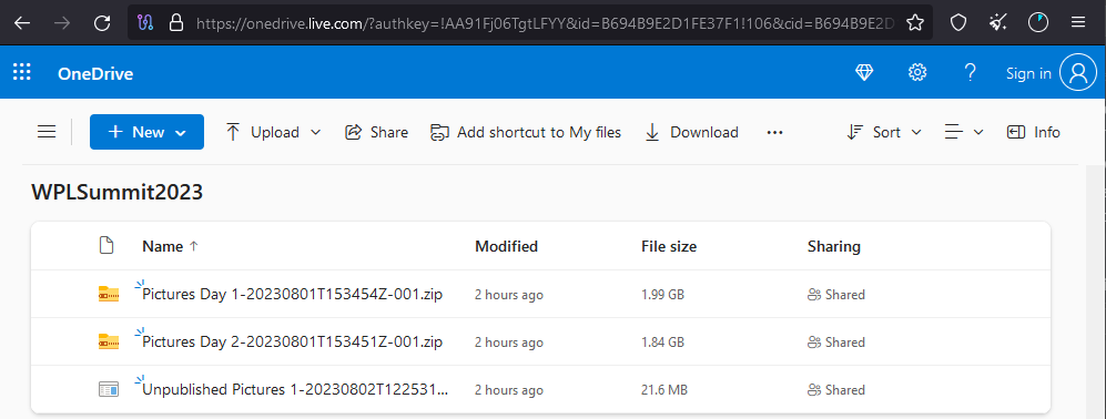 Figure 2. The OneDrive folder containing WPL Summit 2023 pictures and a malware downloader