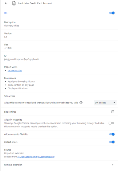 Figure 10. Properties of the malicious Chrome extension we investigated 