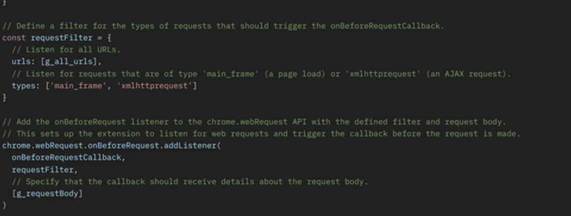 Figure 12. ParaSiteSnatcher uses chrome.runtime.onMessage.addListener to listen for specific events.  