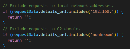 Figure 13. ParaSiteSnatcher excludes local network addresses and C&C domain from its monitoring. 