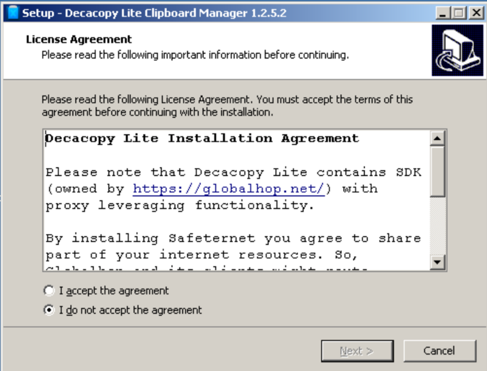 EULA of a clipboard manager telling users that it contains SDK with “proxy leveraging functionality” and that users agree to “share part of your internet”.