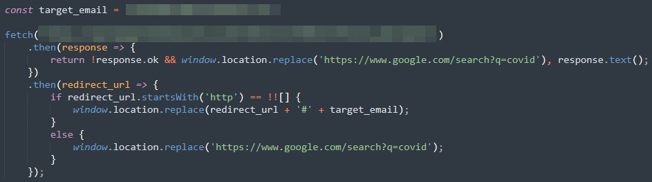 Figure 7. URL redirection to Google.com the “COVID” search term 