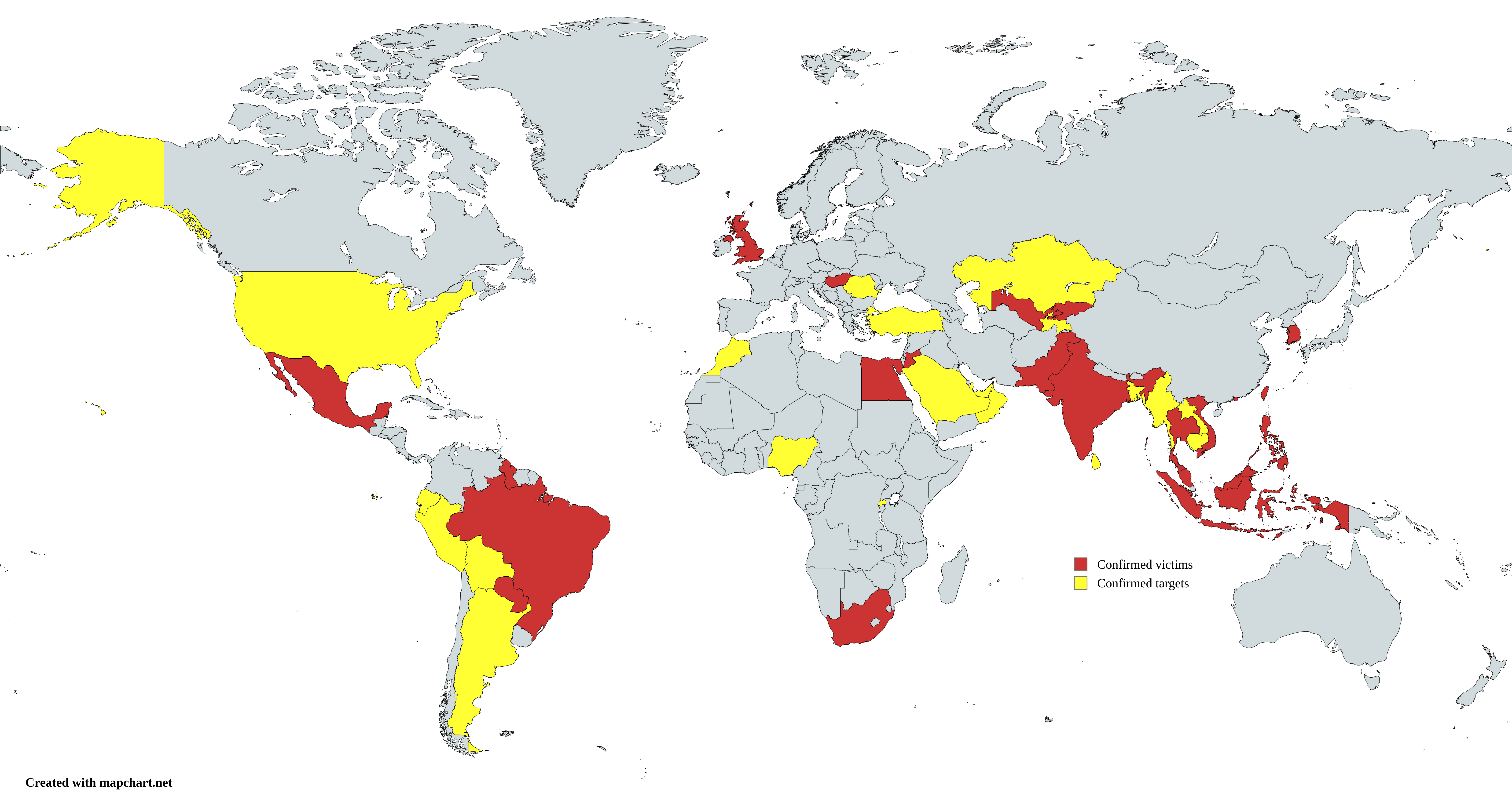 The map of victims targeted by Earth Krahang (countries in red are those that at least one entity compromised, while countries in yellow are those with at least one entity targeted)