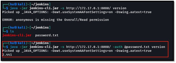 An authenticated output from jenkins using the “-auth” switch. Note that Jenkins recommends the use of a file to load the authentication credentials.